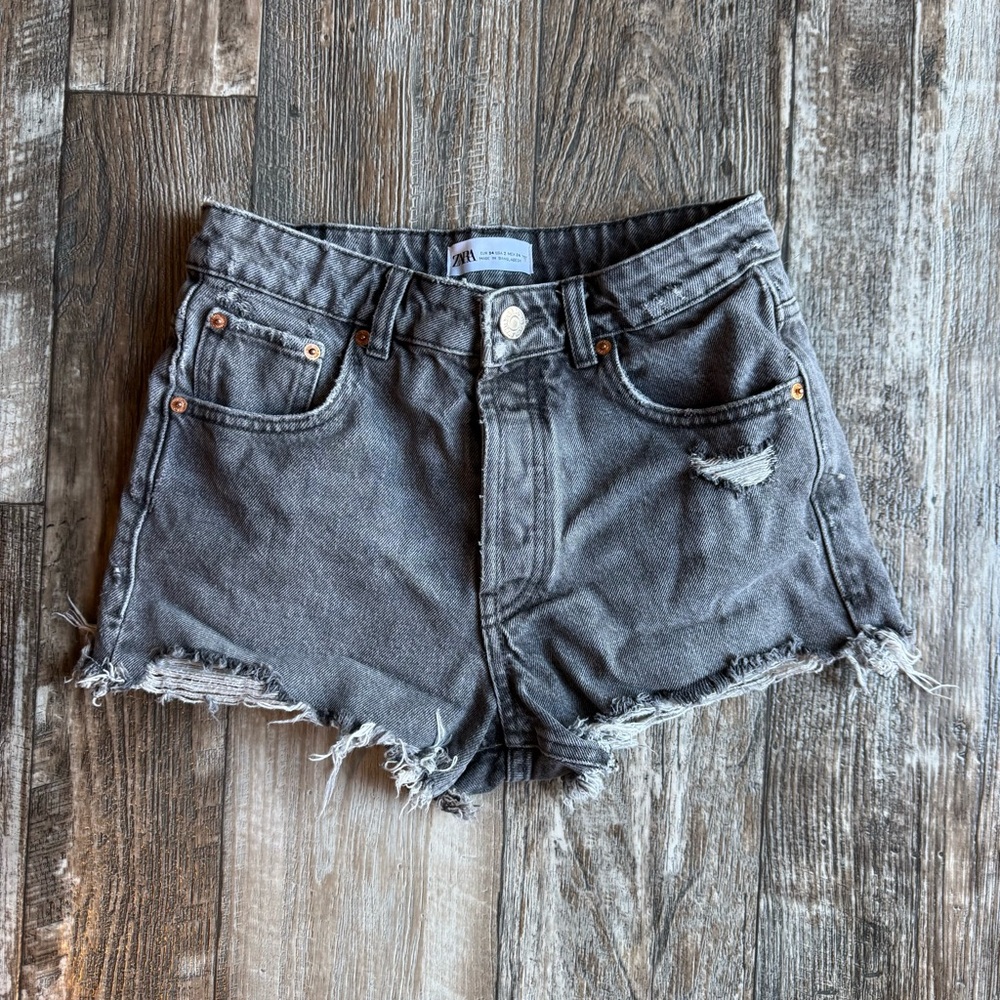 Zara High Waist Distressed Denim Shorts - Charcoal Gray